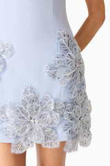 Brunette model wearing the Skye Mini Dress in Blue close up shot