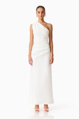 Brunette model wearing the Skye One Shoulder Gown in White front shot