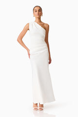 Brunette model wearing the Skye One Shoulder Gown in White front posed shot