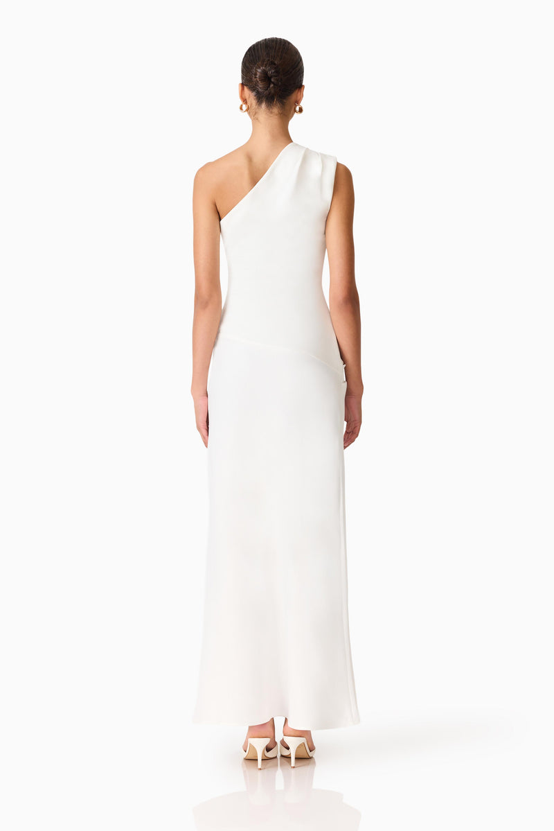 Skye One Shoulder Gown in White – Fitted Maxi – Elliatt