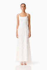 Brunette model wearing the Rina Gown in White front shot