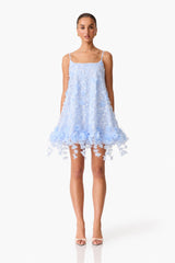 Brunette Model wearing Rina Embellished Shift Mini Dress in Blue front shot