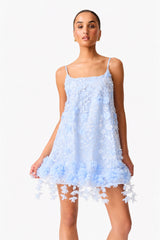 Brunette Model wearing Rina Embellished Shift Mini Dress in Blue up close shot