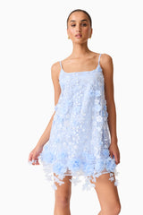 Brunette Model wearing Rina Embellished Shift Mini Dress in Blue up close shot