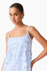 Brunette Model wearing Rina Embellished Shift Mini Dress in Blue detail shot