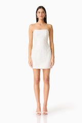 Brunette model wearing the Daelia Strapless Mini Dress in White front shot