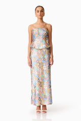 Brunette model wearing the Athea Gown in Floral front shot