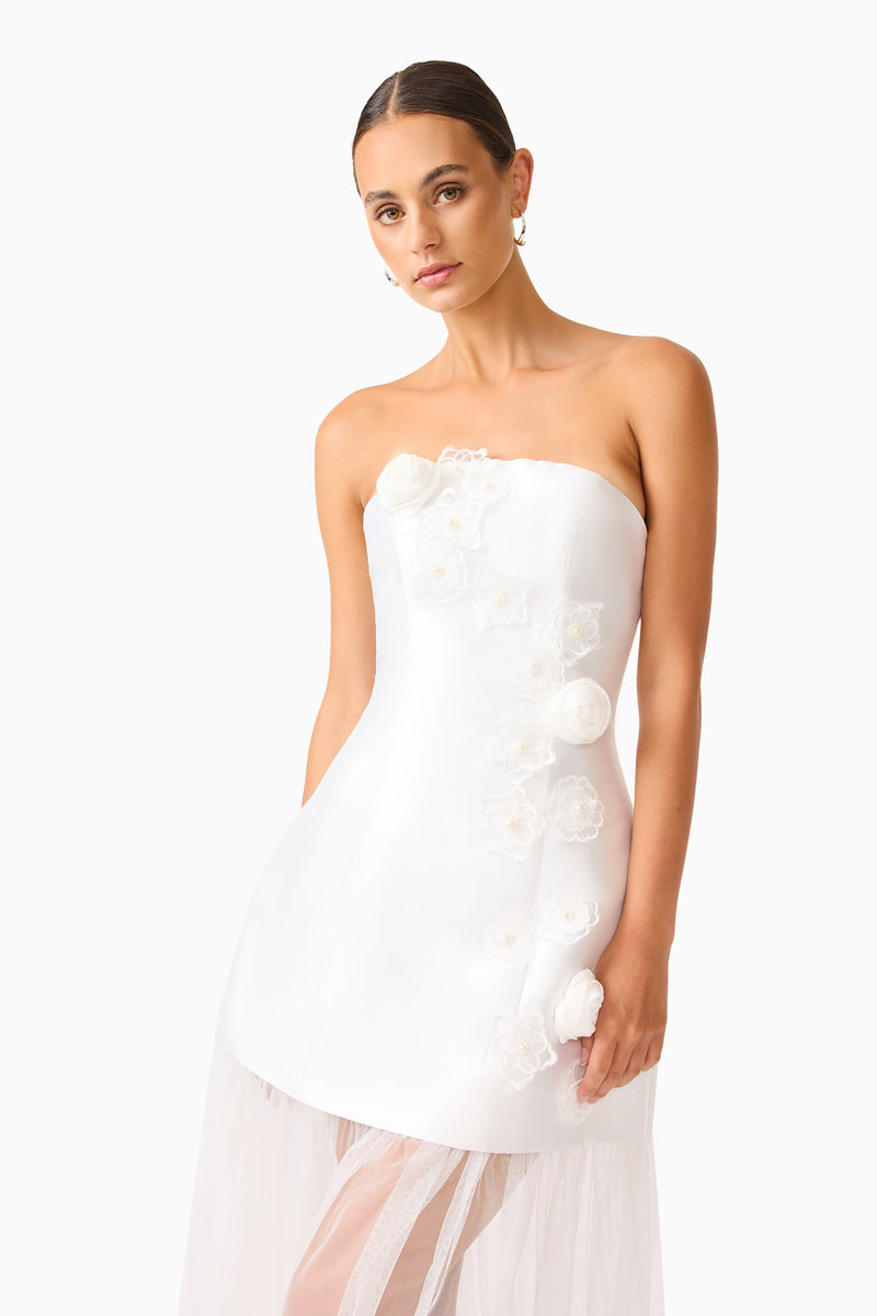 Oleander Strapless Maxi Dress In White | 3D Floral Details Elliatt Oleander Strapless Maxi Dress In White | 3D Floral Details Elliatt