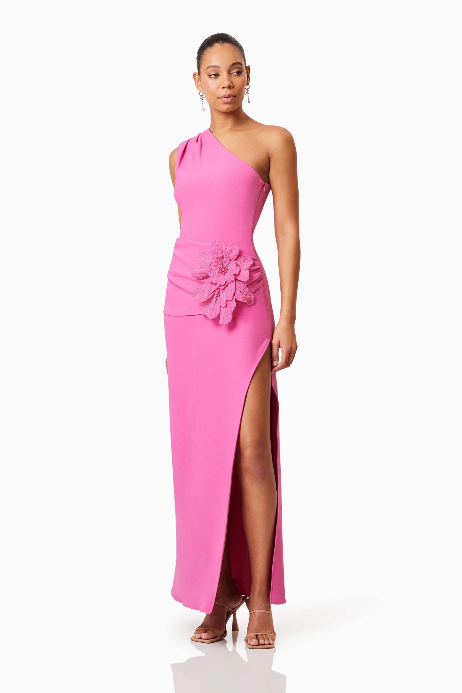 Janelle One Shoulder Gown In Pink | Floral Details – Elliatt
