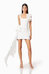 Brunette model wearing Janelle Party Mini Dress In White posed shot