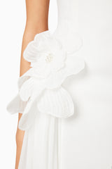 Brunette model wearing Janelle Party Mini Dress In White detail shot