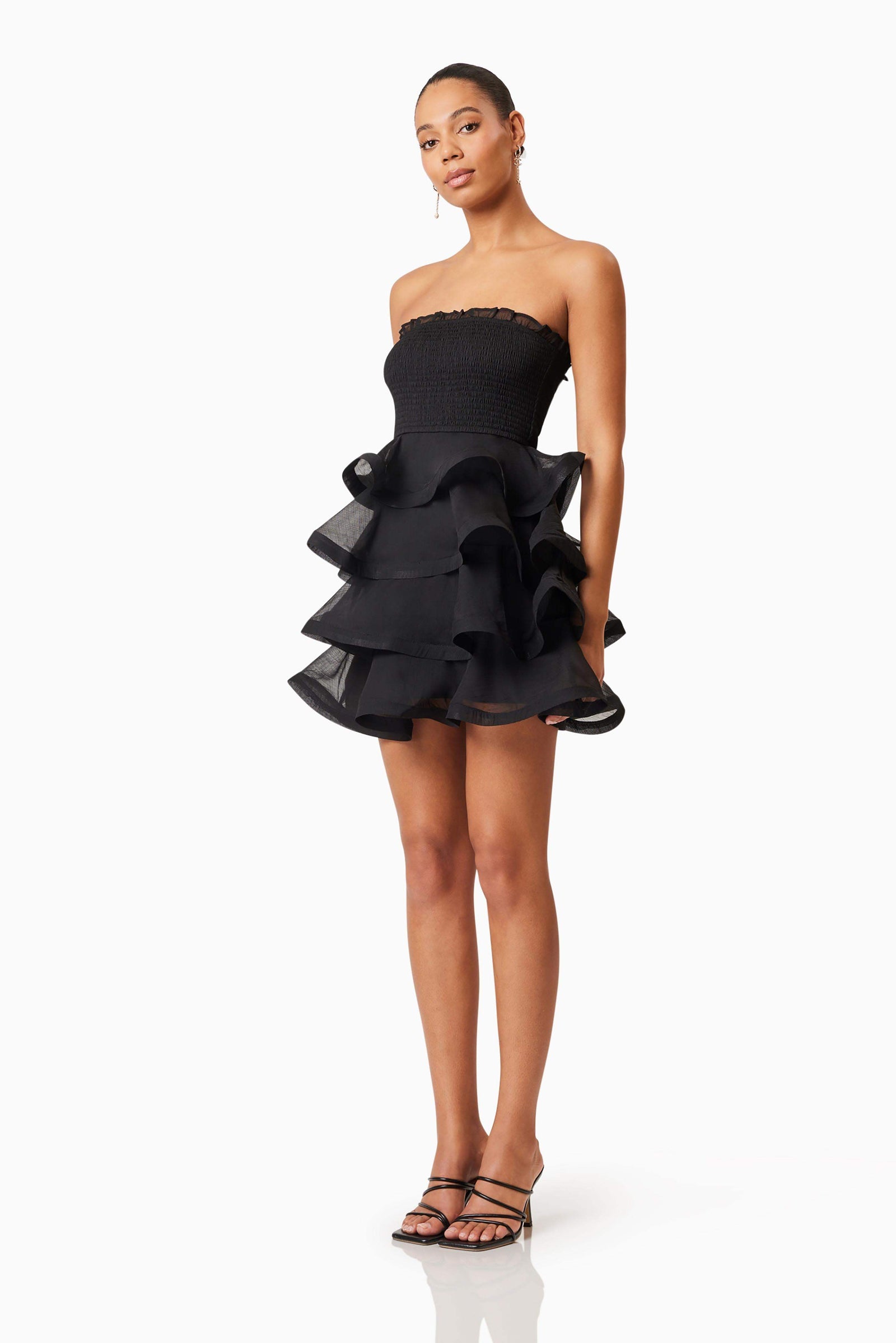 Louise Strapless Mini Dress In Black | Tiered Frill Elliatt Louise Strapless Mini Dress In Black | Tiered Frill Elliatt