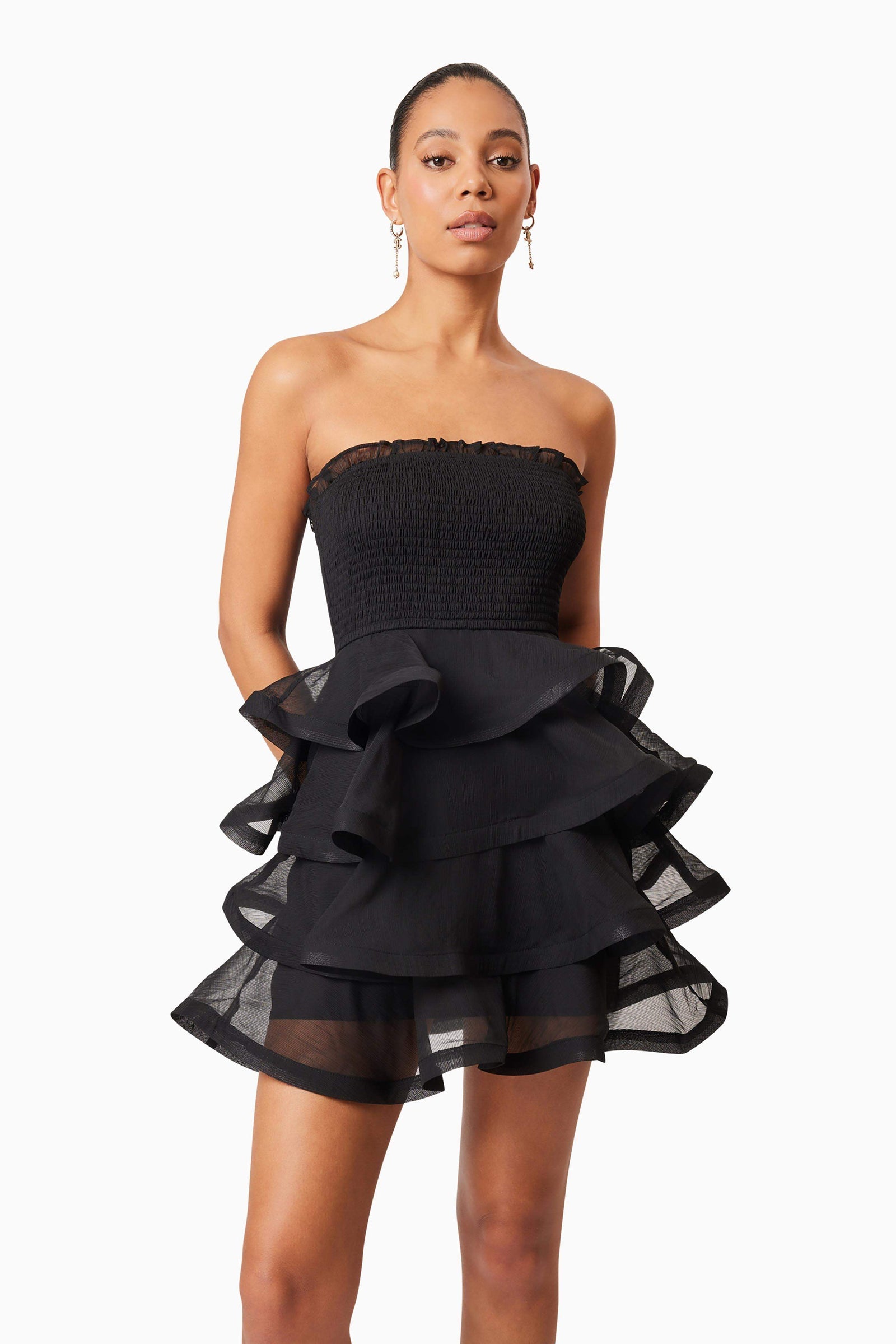 princess polly black long sleeve dress Black Strapless Diamond Mini Dress – Elegant Pleated Party Look – Noosgop main image 0
