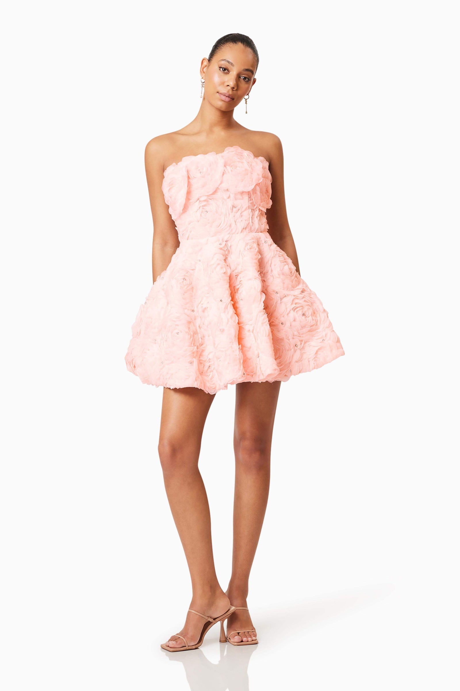 Rosella Strapless Mini Dress In Pink | 3D Floral Details  Elliatt