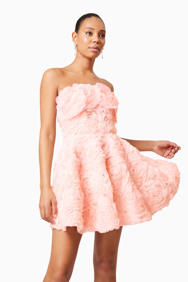 Brunette model wearing Rosella Strapless Mini Dress In Pink close up shot