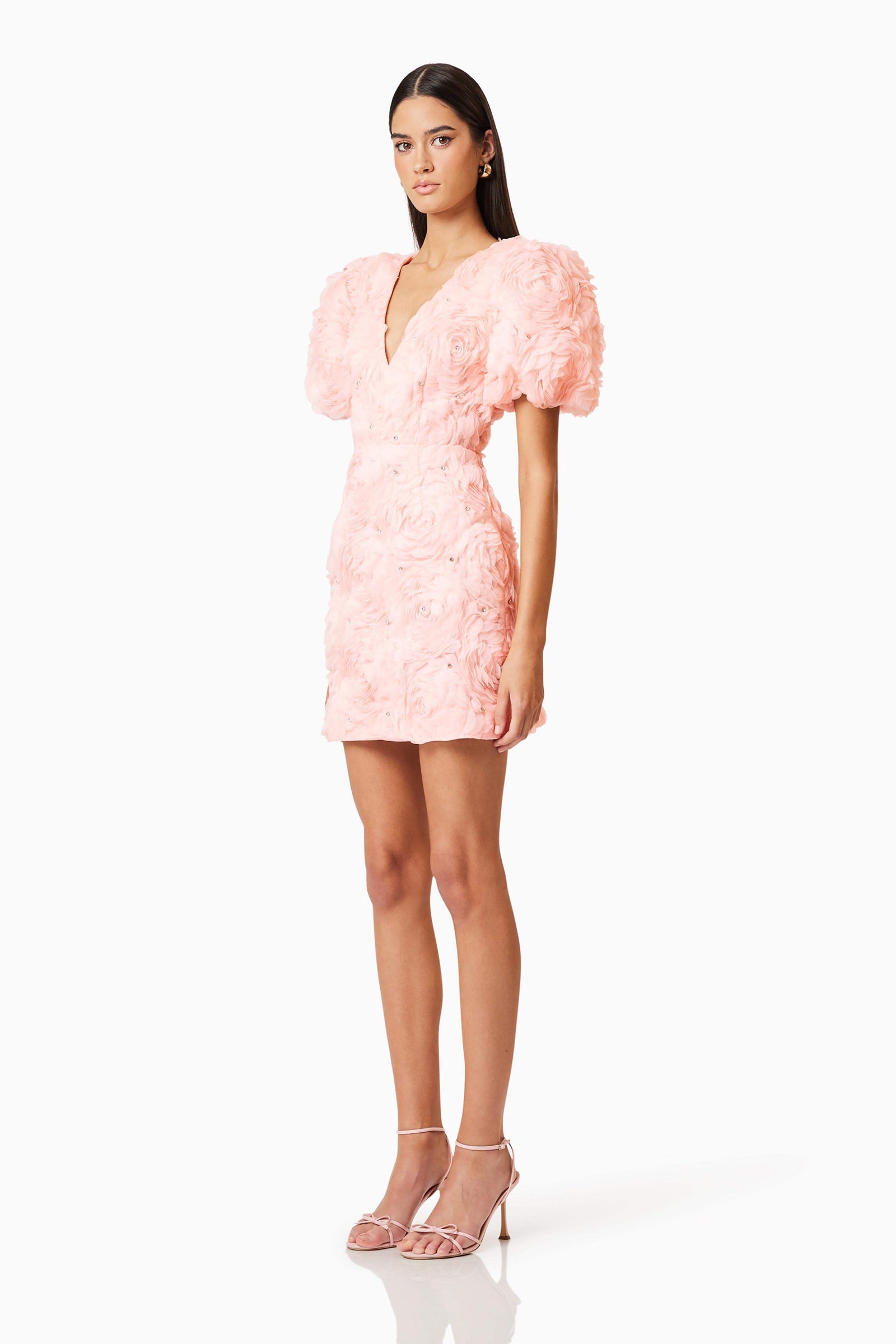 Rosella 3D Mini Dress In Pink | Puff Sleeves – Elliatt