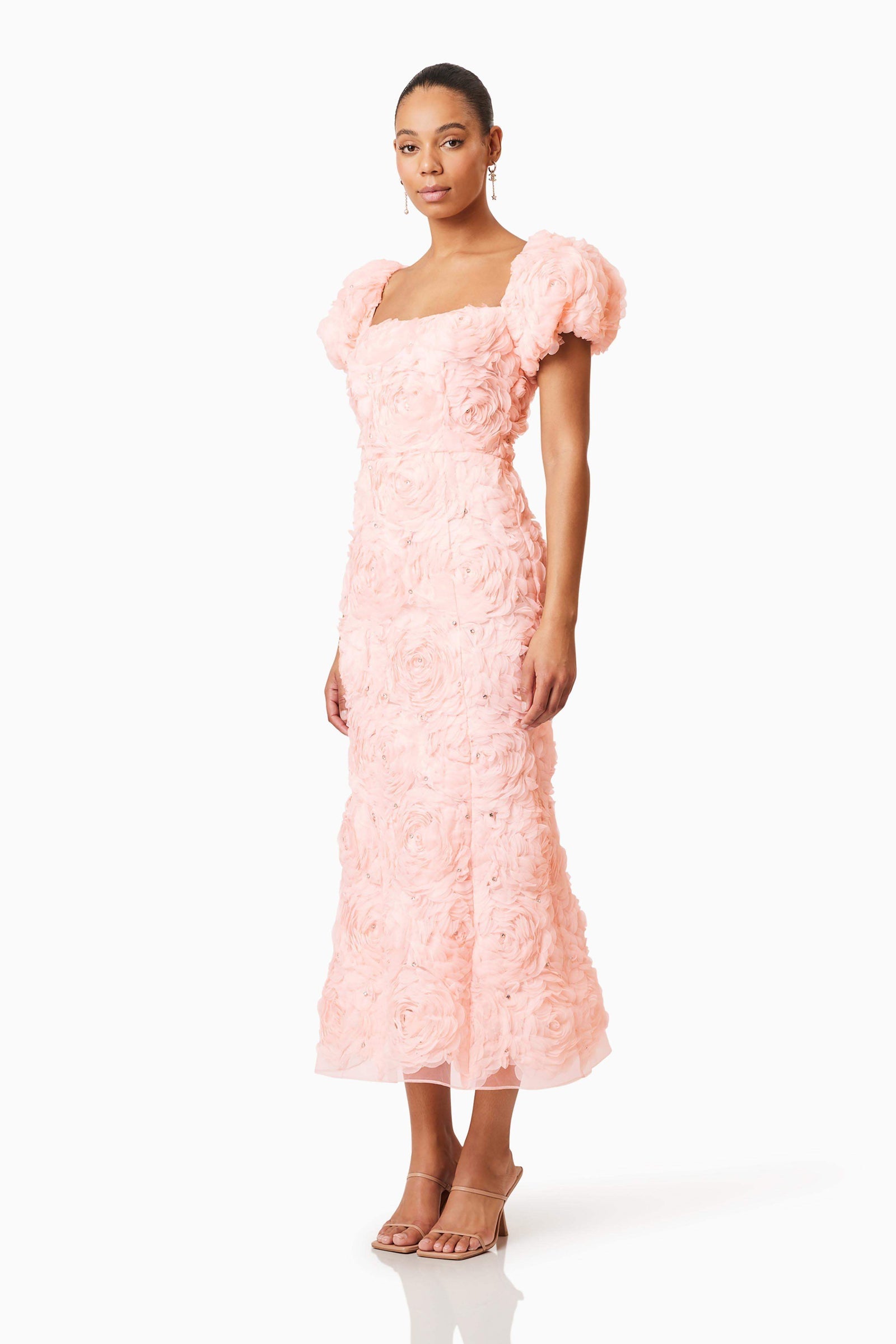 strapless open back dress Rosella 3D Midi Dress in Pink