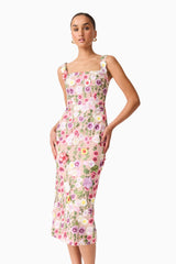 Brunette model wearing Neve Applique Midi Dress in Pink Floral posed close up shot
