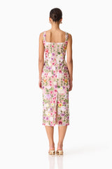 Brunette model wearing Neve Applique Midi Dress in Pink Floral back shot