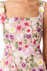 Brunette model wearing Neve Applique Midi Dress in Pink Floral detailed shot