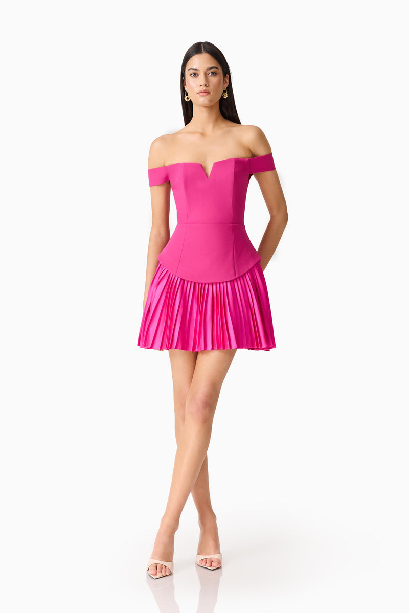 Elva Off Shoulder Mini Dress in Pink | Pleated A-Line Elliatt Elva Off Shoulder Mini Dress in Pink | Pleated A-Line Elliatt