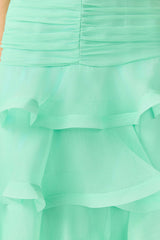 Brunette model wearing the Evelin Tiered Gown in Mint Green detail shot