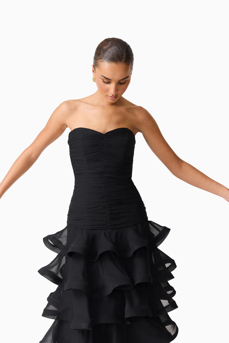 Evelin Tiered Gown in Black | Strapless Tiered Silhouette Elliatt Evelin Tiered Gown in Black | Strapless Tiered Silhouette Elliatt