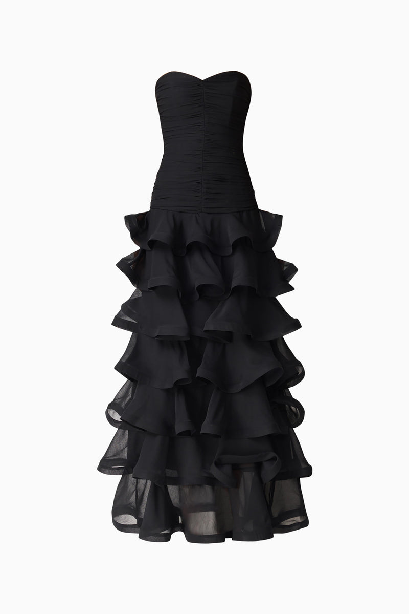 Evelin Tiered Gown in Black | Strapless Tiered Silhouette Elliatt Evelin Tiered Gown in Black | Strapless Tiered Silhouette Elliatt