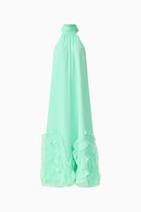 Carla Halter Gown in Mint Green with ruffle hem detailing & relaxed fit ghost shot