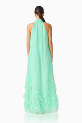 Carla Halter Gown in Mint Green with ruffle hem detailing & zipper back back shot
