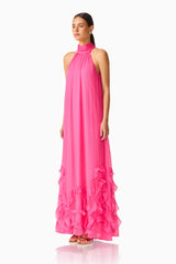 Carla Halter Gown in Pink with ruffle hem detailing & relaxed fit side shot