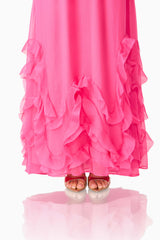 Carla Halter Gown in Pink with ruffle hem detailing & hem detail shot