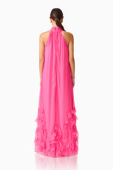 Carla Halter Gown in Pink with ruffle hem detailing & zipper back back shot