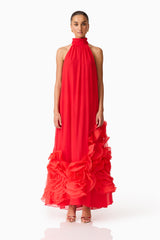 Brunette model wearing the Evelin Halter Gown in Red front shot 