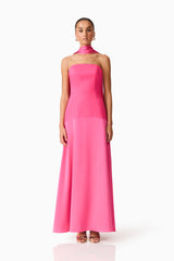 Brunette model wearing the Noralyn Strapless Gown in Pink front shot 