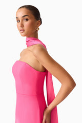 Brunette model wearing the Noralyn Strapless Gown in Pink close up shot 