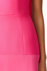 Brunette model wearing the Noralyn Strapless Gown in Pink detail shot 