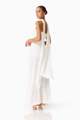 Brunette model wearing the Noralyn Strapless Gown in White back posed shot 