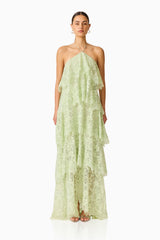 Evelin Lace Gown in Sage Green with halter neck front shot