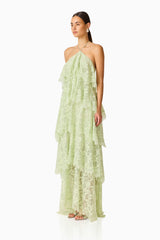 Evelin Lace Gown in Sage Green with halter neck side shot