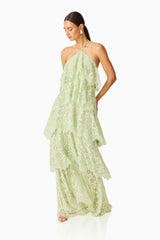 Evelin Lace Gown in Sage Green with halter neck posed shot