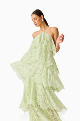 Evelin Lace Gown in Sage Green with halter neck detail shot