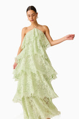 Evelin Lace Gown in Sage Green with halter neck close up shot