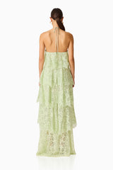 Evelin Lace Gown in Sage Green with open back, back shot