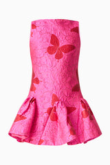 Brunette model wearing the Lorena Jacquard Mini Dress in Pink ghost shot 