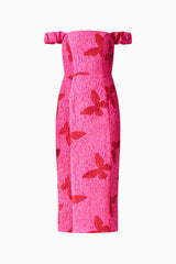 The Lorena Jacquard Off Shoulder Midi Dress in Pink ghost shot