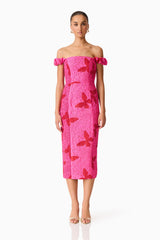 Brunette model wearing the Lorena Jacquard Off Shoulder Midi Dress in Pink front shot