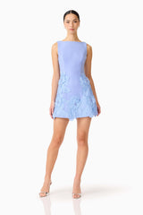 Brunette model wearing the Janelle Mini Dress in Blue posed shot