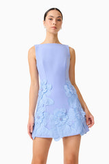 Brunette model wearing the Janelle Mini Dress in Blue close up posed shot