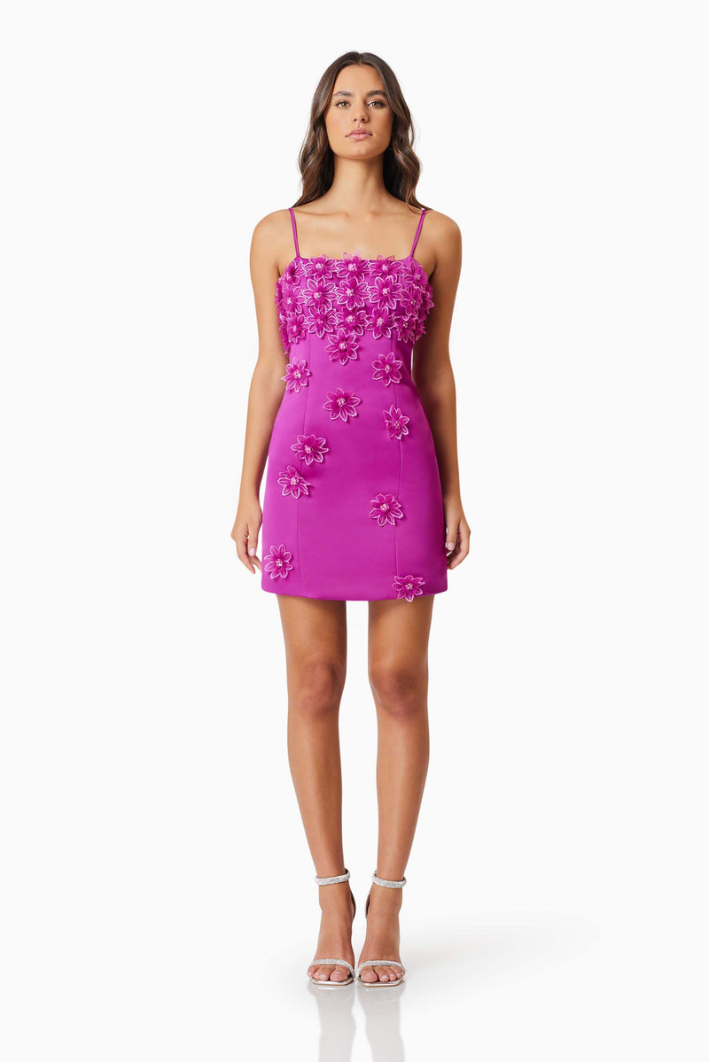 Brunette model wearing Sutton Mini Dress in Purple front shot